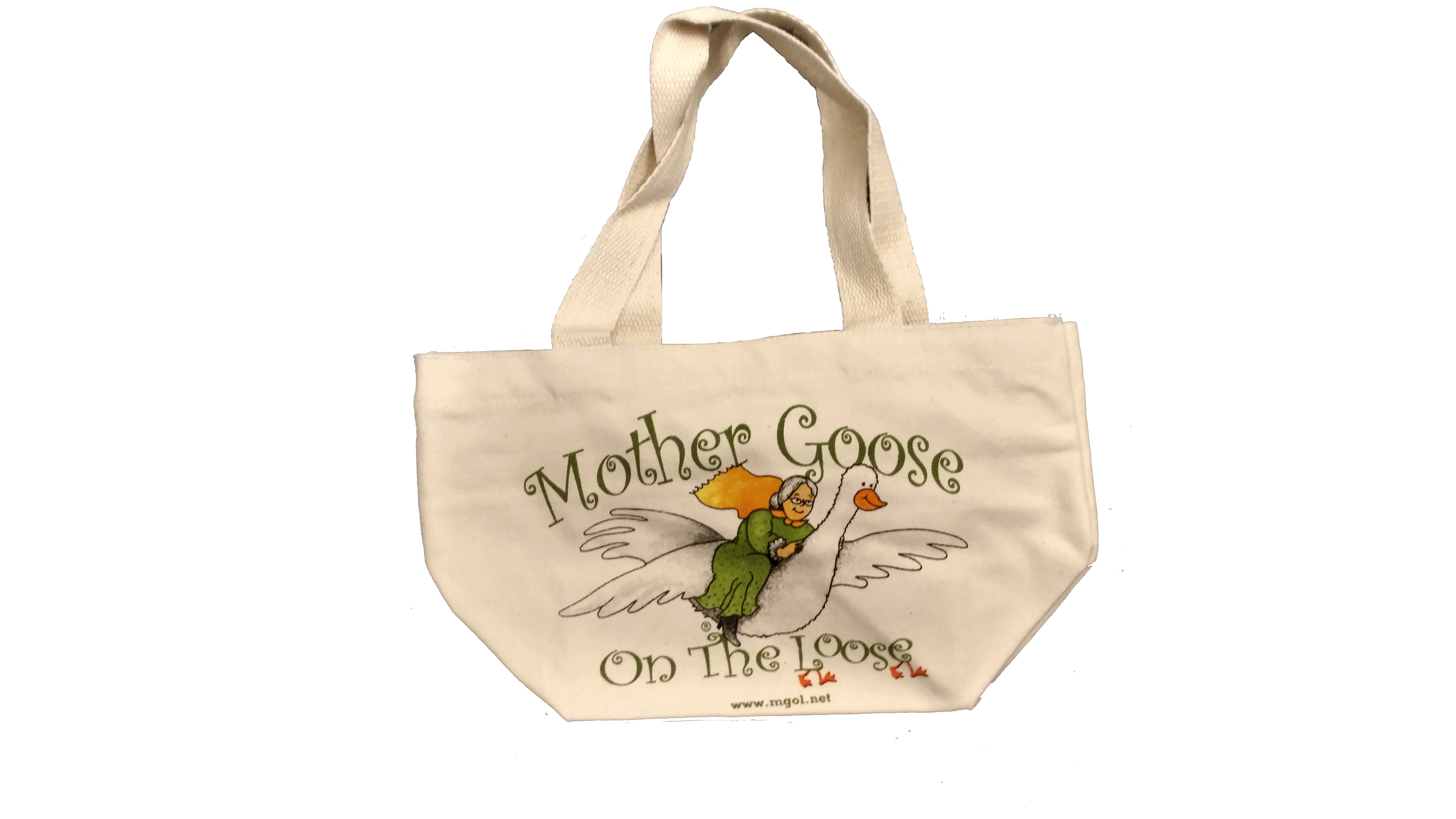 MGOL Tote bag with old logo of a white haired Mother Goose flying on her gander, for storing, distributing, and retrieving props