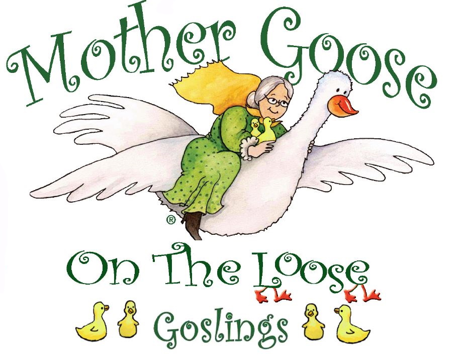 MGOL Goslings logo with Mother Goose on her Goose holding Goslings and the words "Mother Goose on the Loose Goslings."