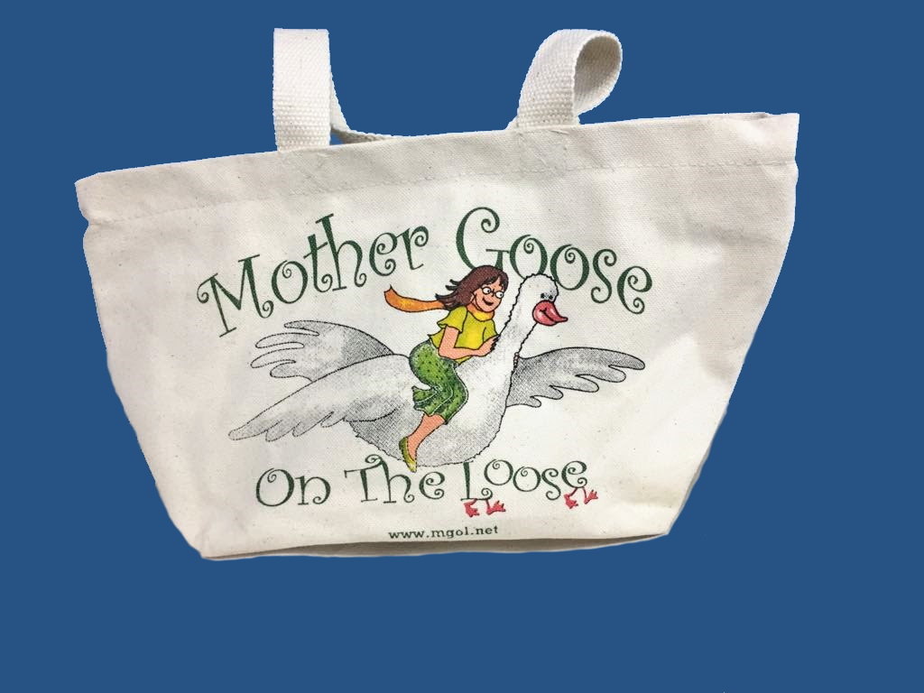 MGOL tote bag with updated logo of young woman flying on a gander